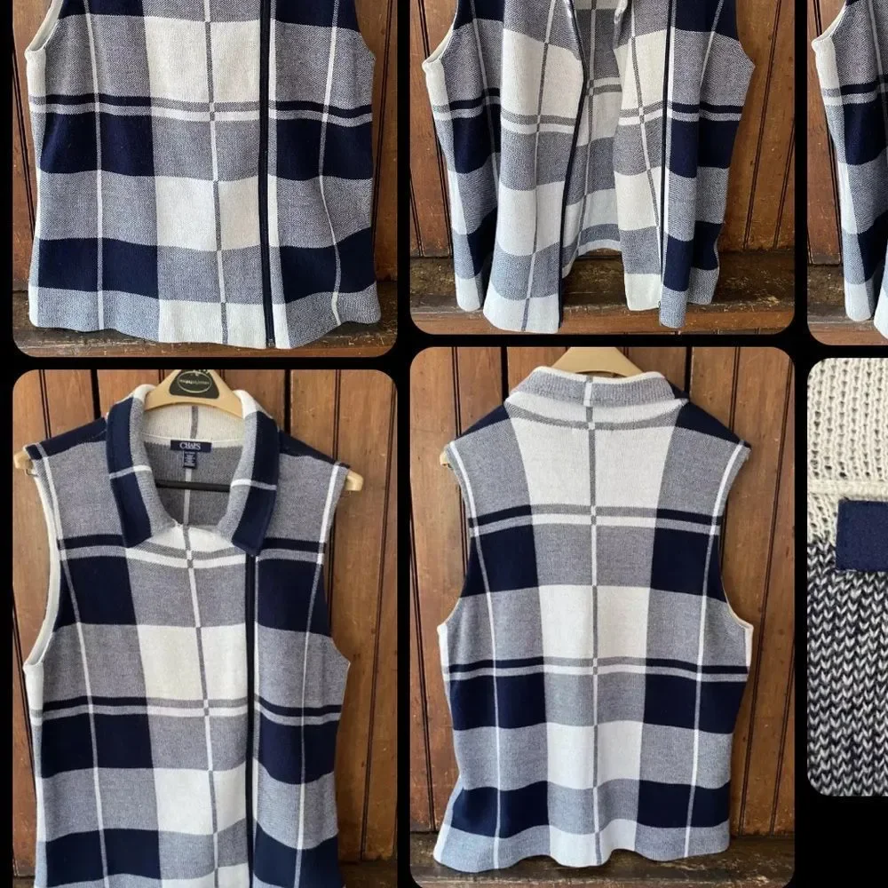 NWT Chaps Navy Plaid Asymmetric Full Zip Sweater Vest Womens Small Cotton - Picture 7 of 8